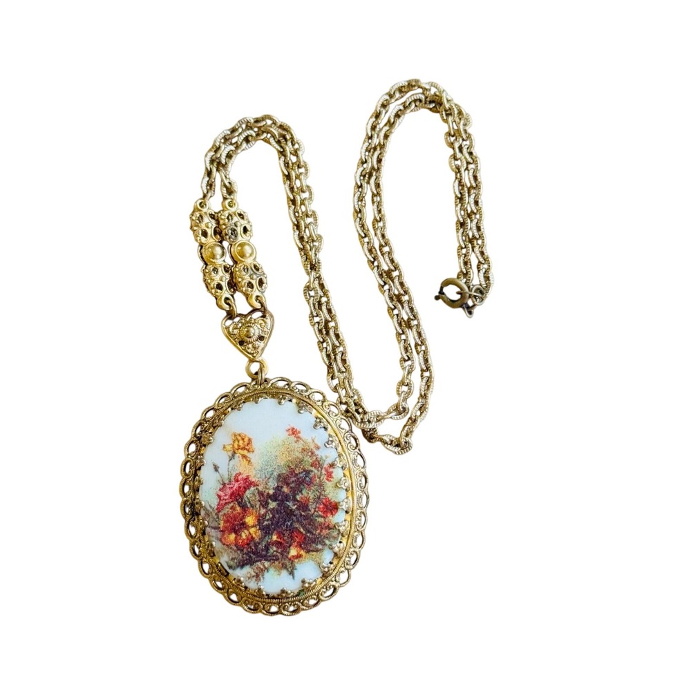 VTG Regal Filigree Sugar Necklace Floral Scene Cameo Victorian Style Germany 22"